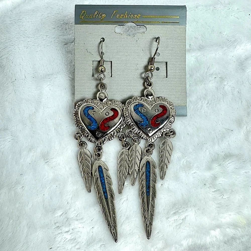 Native American Southwestern Silver Turquoise Inlay Heart & Feather Earrings
